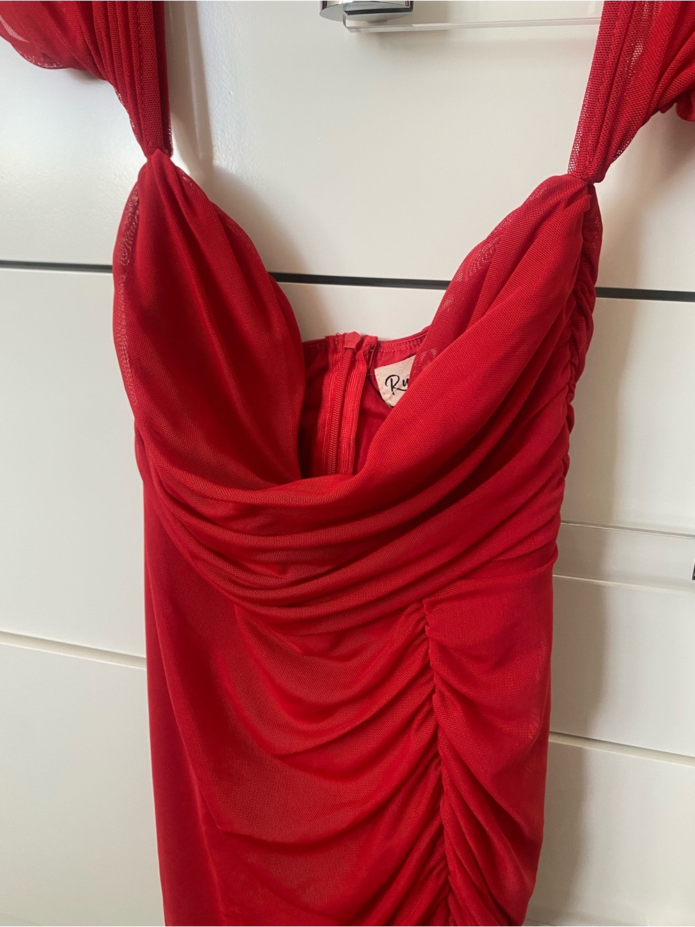 Red Ruched Off-Shoulder High-slit Dress - Picture 4 of 5